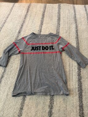 Nike Gray Long Sleeve Tee with Red Stripes and Black 'JUST DO IT.'